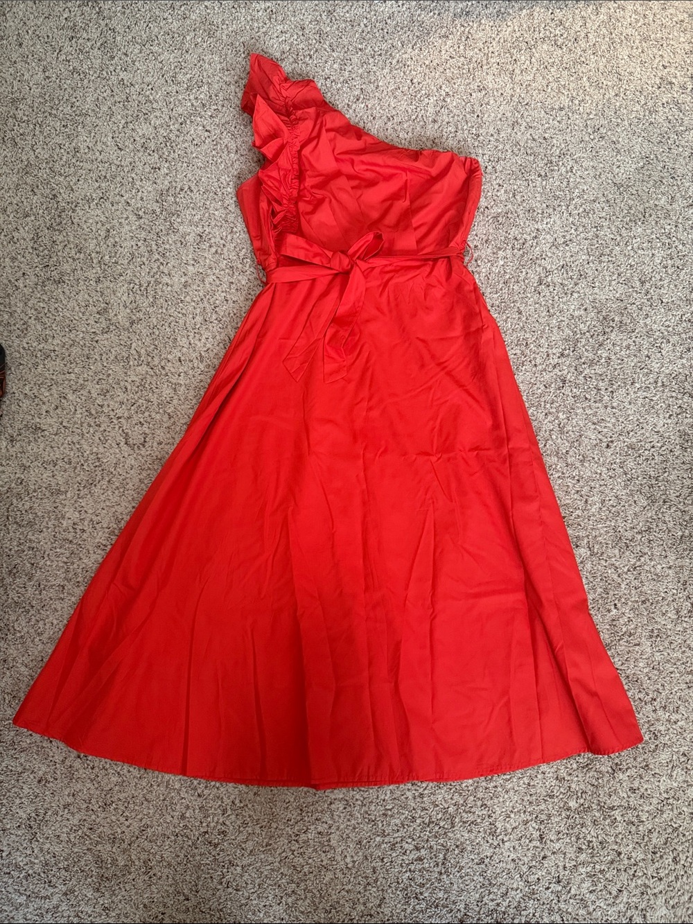 Red One-Shoulder Ruffle Midi Dress with Waist Tie